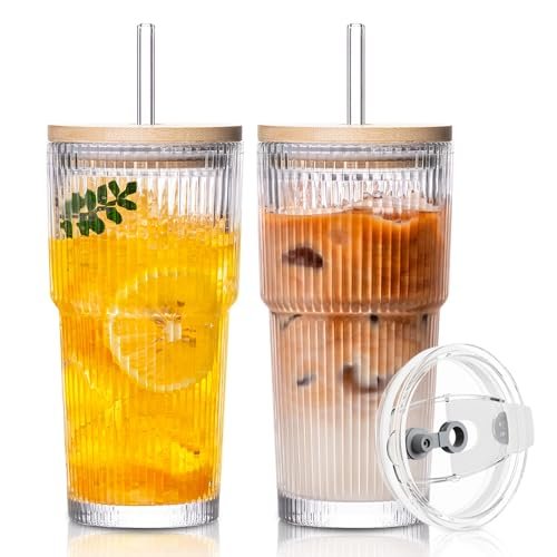 SoulTimes 20oz Ribbed Glass Tumbler with Bamboo Lid and Straw