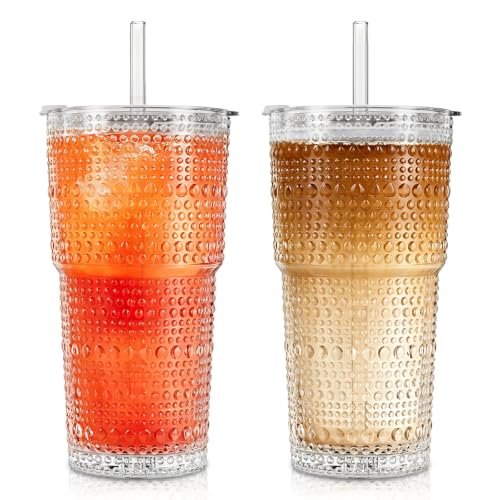 SoulTimes 20oz Hobnail Glass Tumbler with Bamboo Lids and Straws - Iced Coffee Glass Cups for Smoothie, Matcha, Juice, Water
