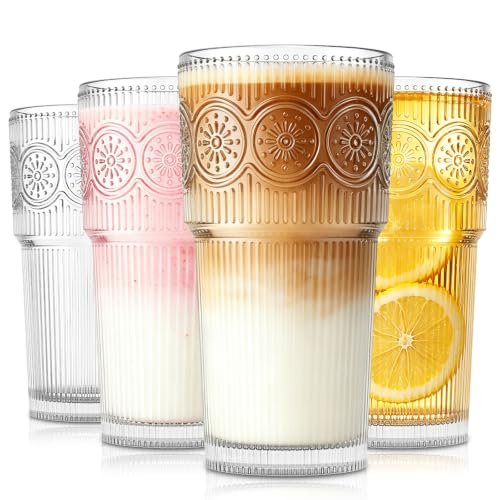 SoulTimes 20oz Drinking Glasses Set of 4, Large Thick Glass Cups Vintage Glassware for Water, Juice, Iced Coffee, Whiskey