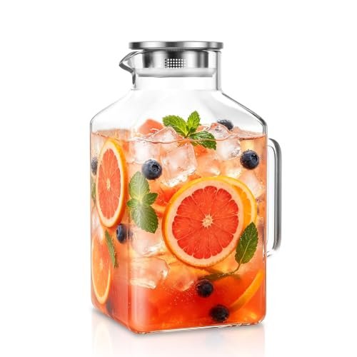 SoulTimes 1 Gallon Thickened Glass Pitcher with Lid and Wider Handle