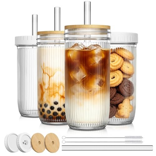SoulTimes 24oz Mason Jar Drinking & Storage- Ribbed Glass Tumbler with Straw and Lid