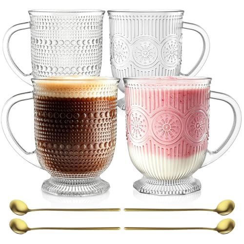 SoulTimes 16oz Glass Coffee Mugs with Handle and Spoon Set of 4 Vintage Mug